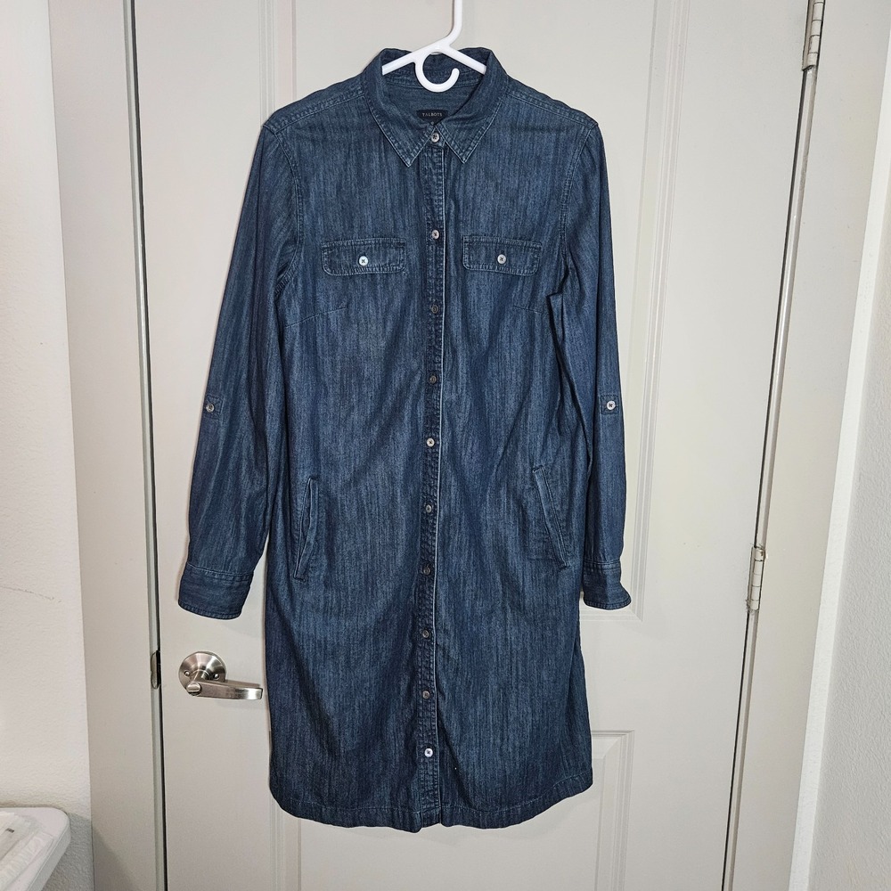 Talbots Denim Shirt Dress Women Size 12 Button Up Roll Tab‎ Blue